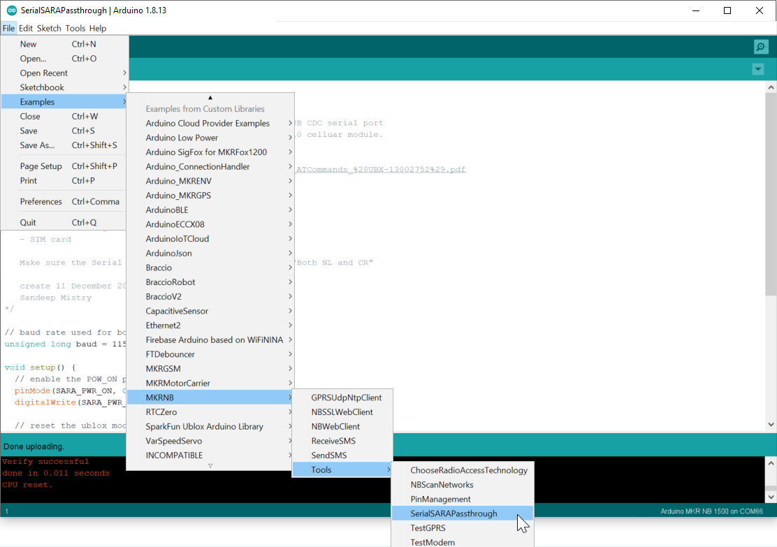 IDE with Examples > MKRNB > Tools > SerialSarapassThrough selected in File menu