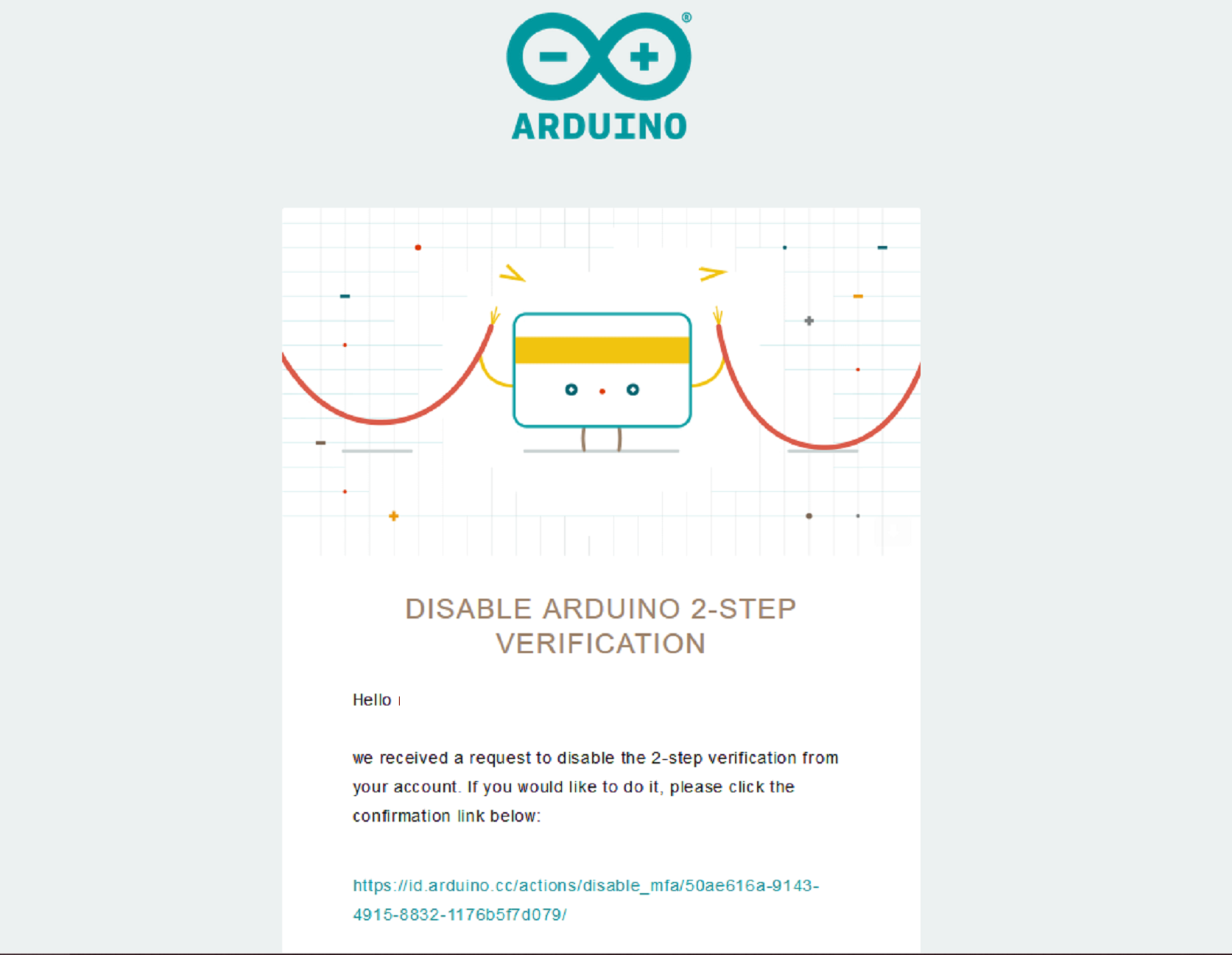 "Disable Arduino 2-step verification" email containing deactivation link