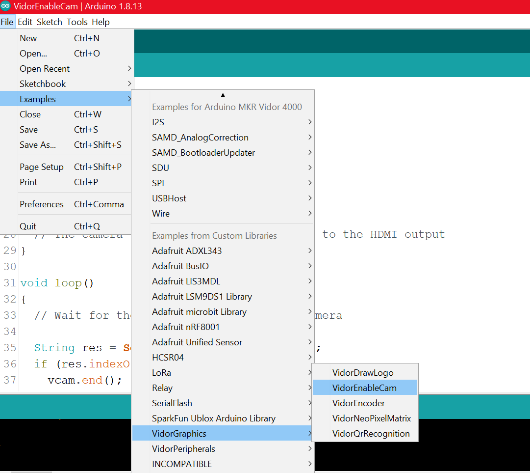 IDE with Examples > VidorGraphics > VidorEnableCam selected in File menu