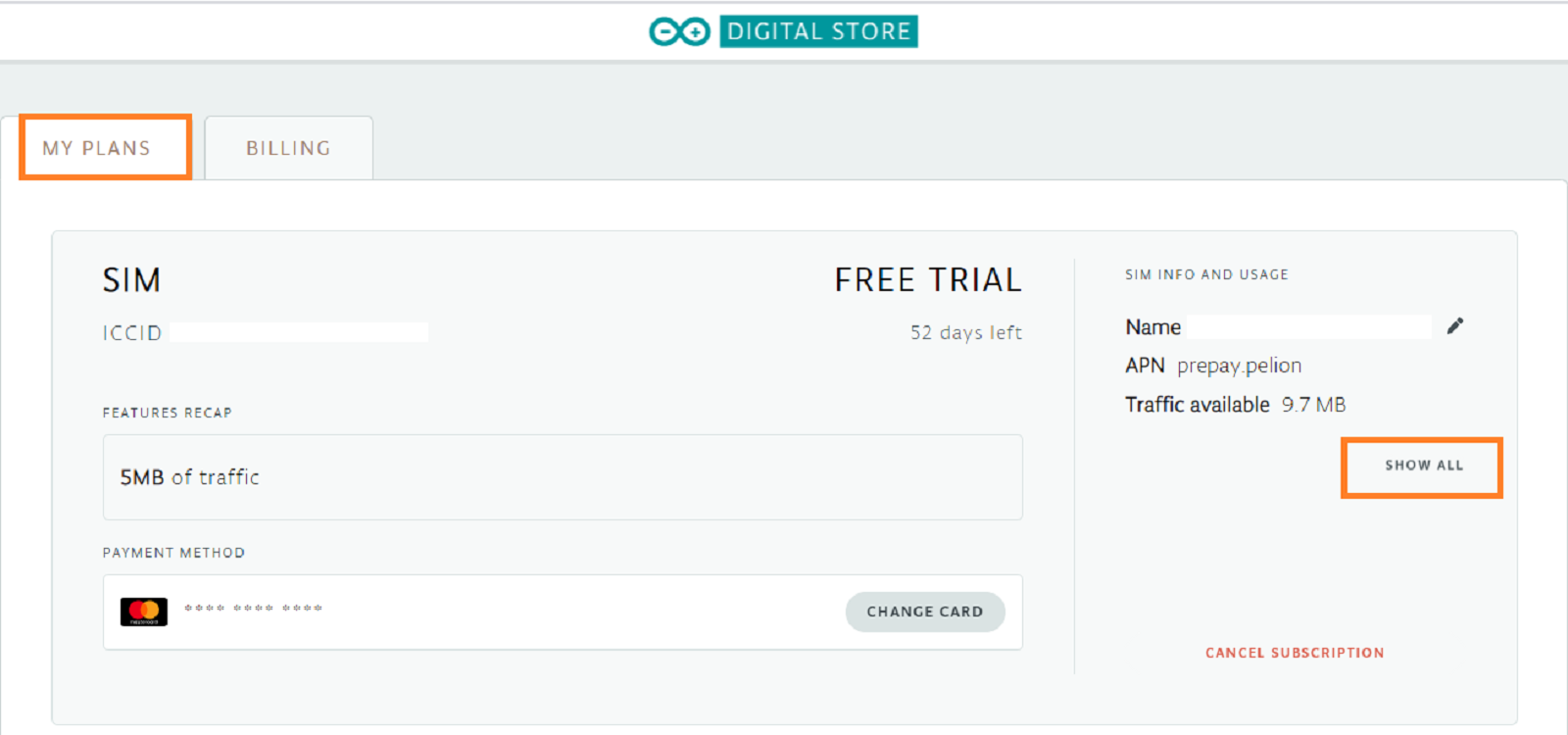 "My Plans" and "Show all" highlighted in Arduino Digital Store
