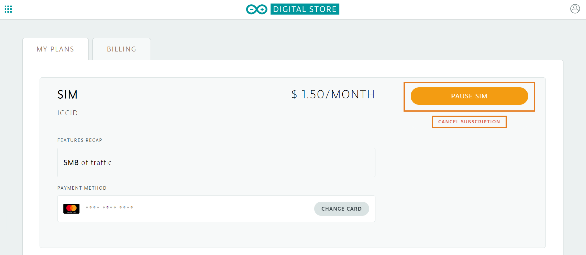 Arduino Digital Store with "Pause Sim" and "Cancel subscription" buttons highlighted