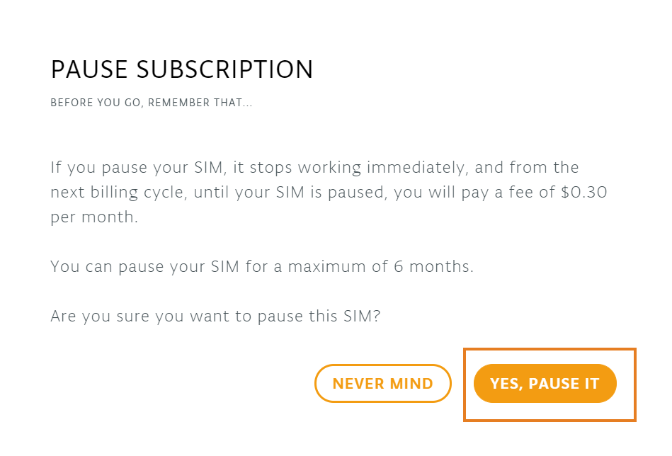 Pause subscription pop-up with "Yes, pause it" button highlighted