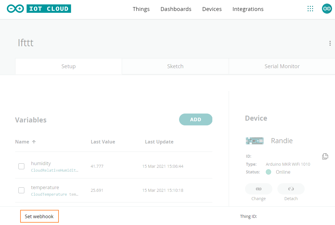 Arduino IoT Cloud Thing Setup. The 'Set webhook' button is highlighted.