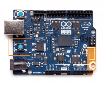 Arduino 101 board with reset button highlighted