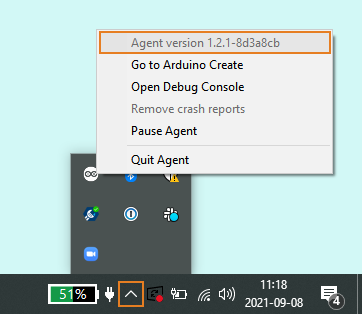 Right-clicking the Arduino icon and checking the Create Agent version number