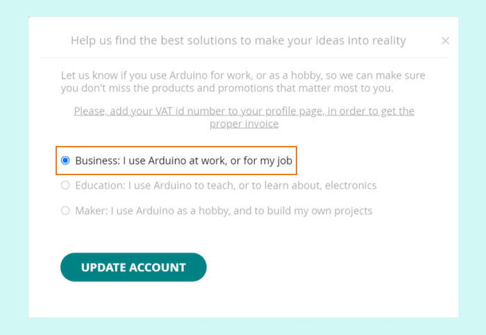 Selecting the business account option on pop-up window.