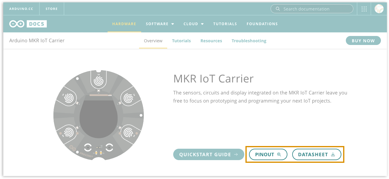 MKR IoT Carrier in Arduino Docs. Pinout and Datasheet buttons highlighted.