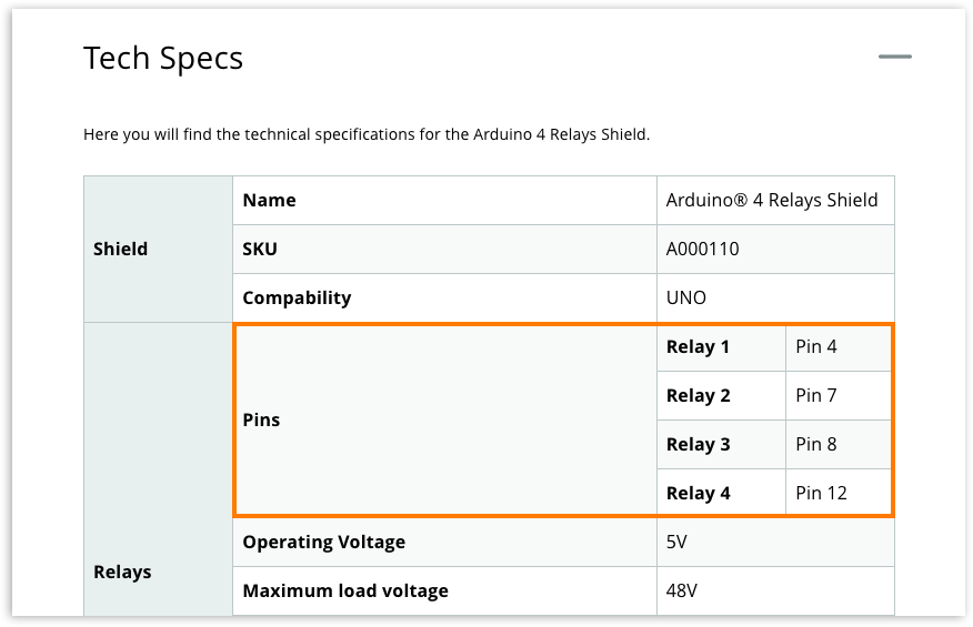Tech specs for 'Arduino 4 Relays Shield' in Arduino Docs. Relay pins specification highlighted.