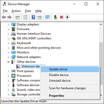Device manager window with "Update driver" selected in menu