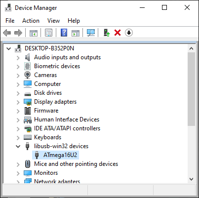Device manager with "ATmega16U2" selected