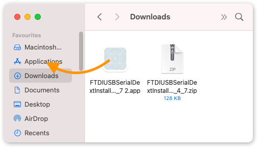 Dragging FTDIUSBSerialDextInstaller_1_4_7.app into the Applications folder.