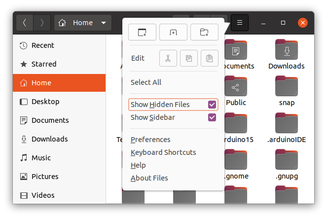 Enabling hidden files in the Files application on Ubuntu.