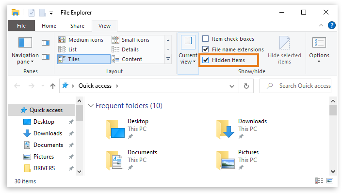 Enabling hidden files in Explorer on Windows.