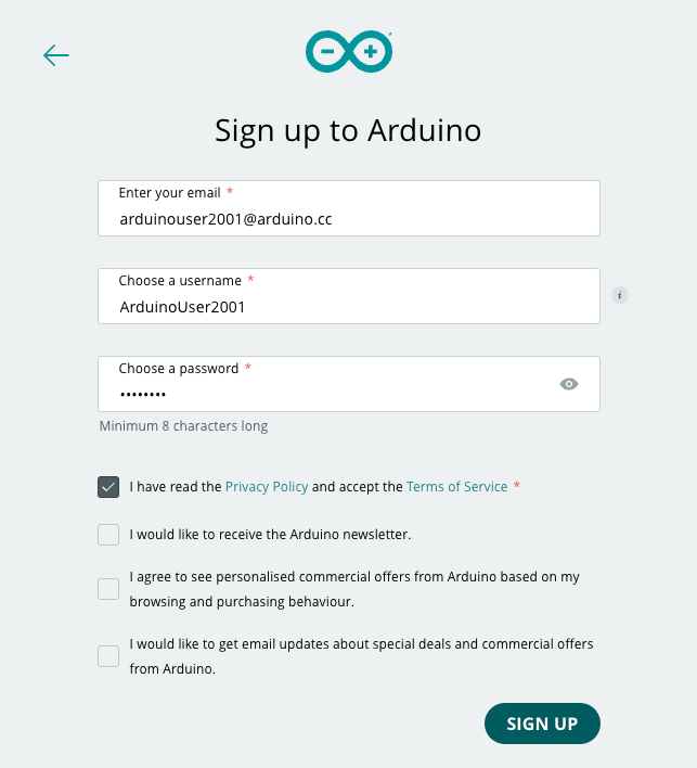 Signing up to Arduino.