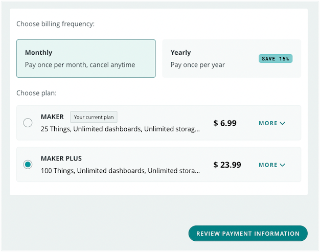 "Monthly" and "Maker Plus" options selected in the "Modify plan" page