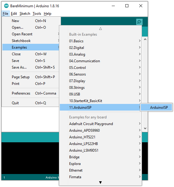 IDE with ArduinoISP example selected in the menu