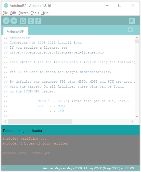 IDE with "Done burning bootloader" message