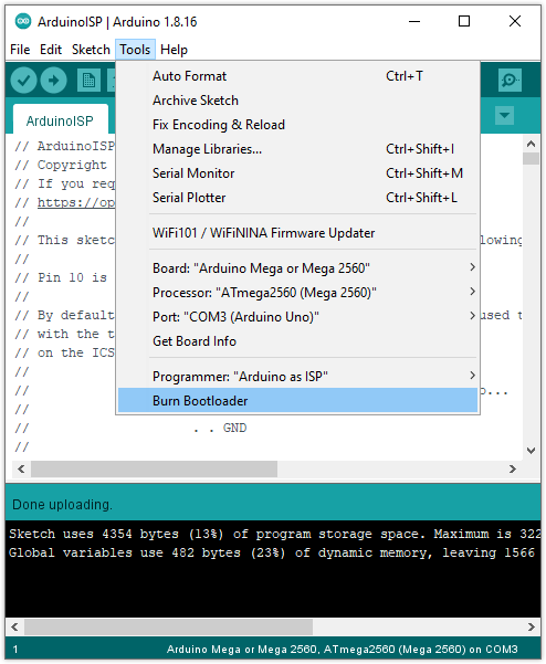 IDE with Burn Bootloader selected in the menu