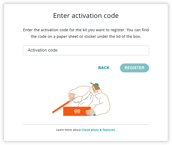 "Enter activation code" prompt. "You can find the code on a paper sheet or sticker under the lid of the box".