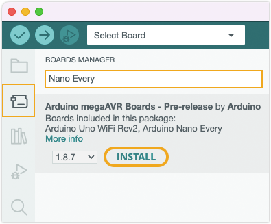 Searching for 'Nano Every' and installing the resulting megaAVR Boards package in Board Manager in IDE 2.