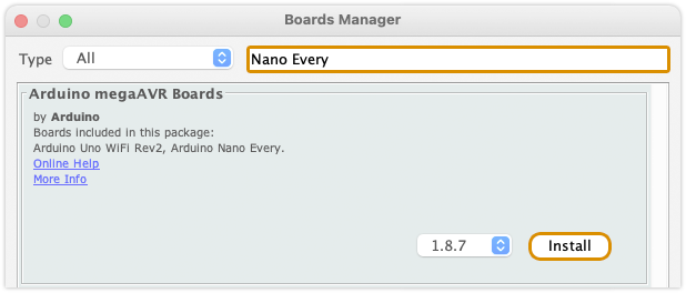 Searching for 'Nano Every' and installing the resulting megaAVR Boards package in Board Manager in IDE 1.x.