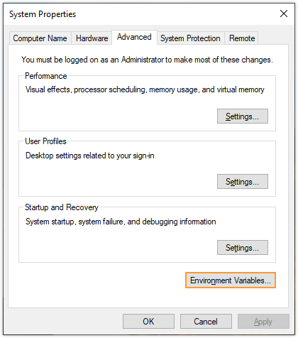The System Properties window. The "Environment Variables..." button is highlighted.