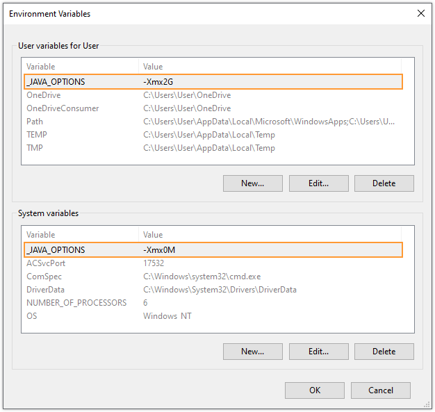 The Environment Variables window, with "_JAVA_OPTIONS" variables highlighted.