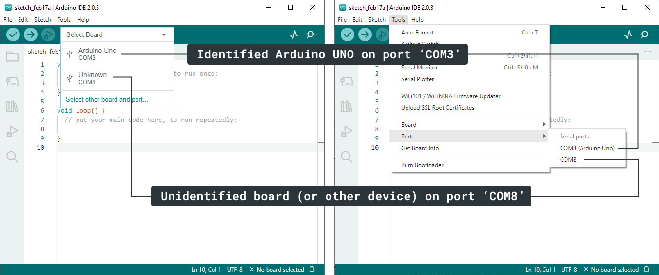 Identified and unidentified ports in the board selector (left) and Tools > Port menu (right).