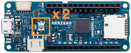 The RESET button on Arduino Zero with an "x2" label graphic.