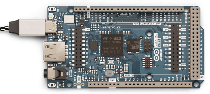 Arduino GIGA R1 WiFi with the onboard LED flashing, animated.