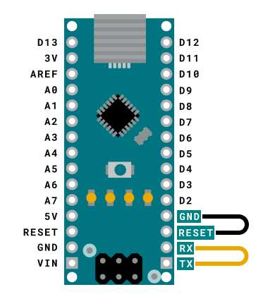Arduino Nano with jumper cables connecting TX-RX and RESET-GND.