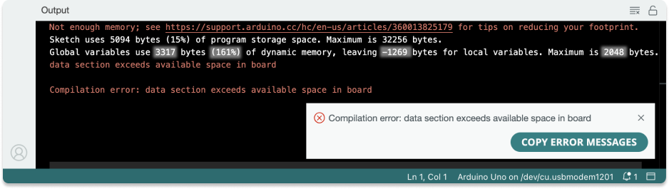 IDE 2 console with a "Compilation error: data section exceeds available space in board" error.