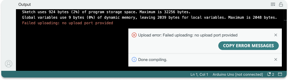 IDE 2 with a message about sketch storage space and dynamic memory usage and failed upload error printed on the console