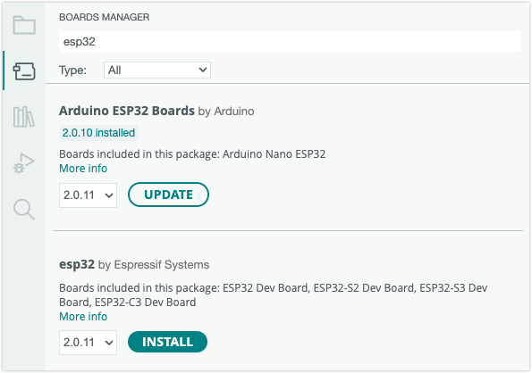Updating Arduino ESP32 Boards in the Board Manager.